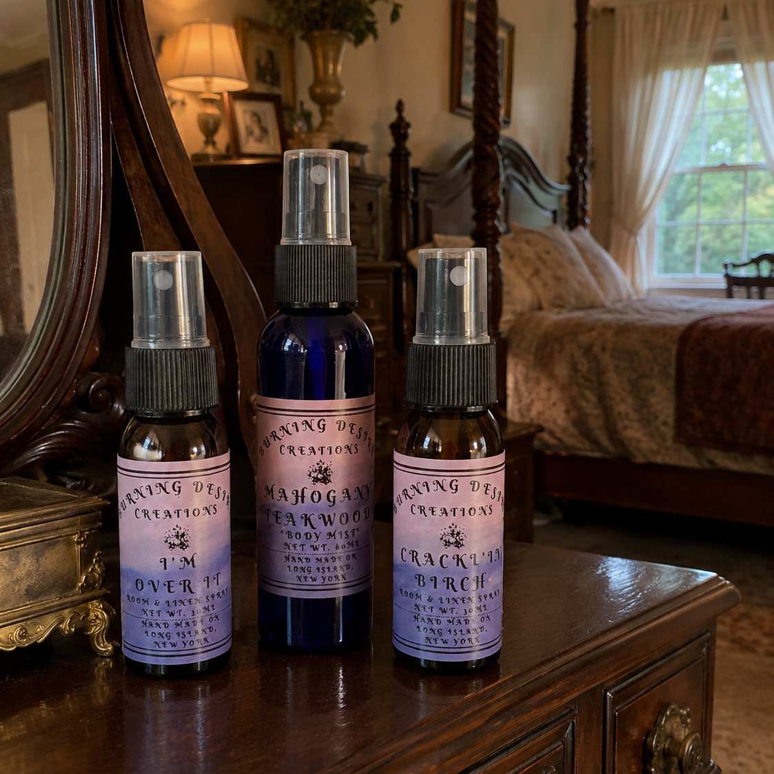 Three Burning Desire Room & Linen Spray bottles